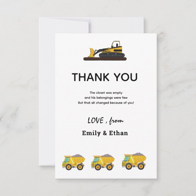 Construction Truck Birthday Party Thank You Card (Front)