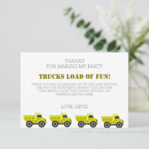 Construction Truck Birthday Thank You Card