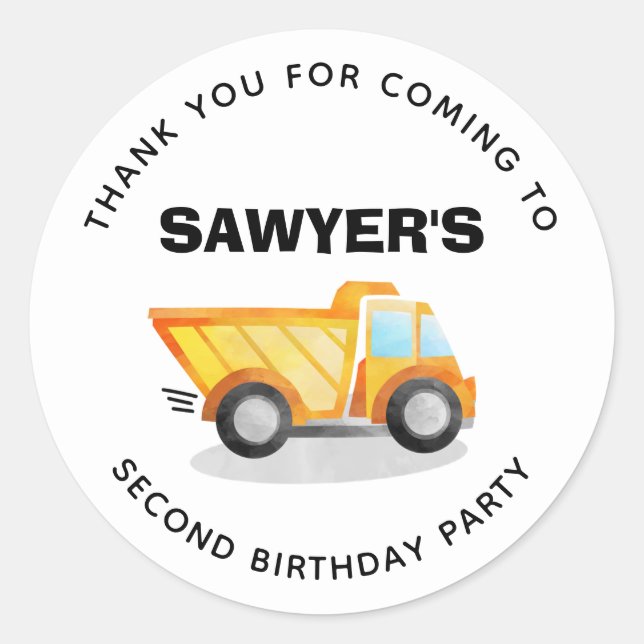 Construction Truck Birthday Thank You Sticker (Front)