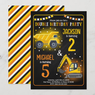 Construction Truck Boy Siblings Joint Birthday Invitation