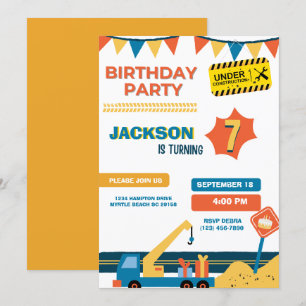   Construction Truck Boys Birthday Party Invitation