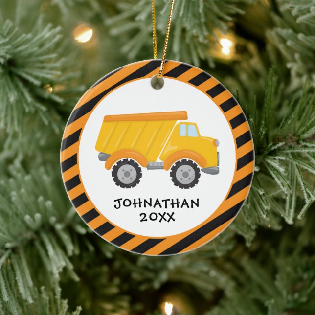 Construction Truck Cute Boy Monogram Kids Ceramic Ornament (Tree)