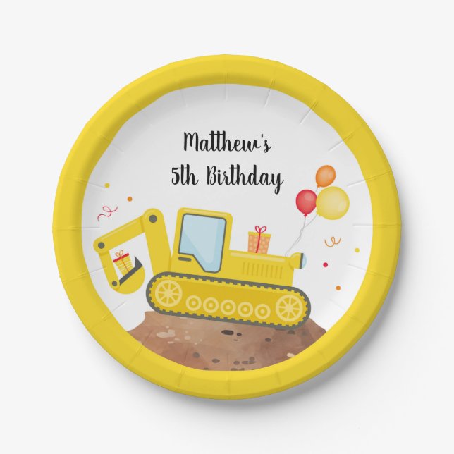 Construction Truck Digger Boy Birthday Paper Plate (Front)
