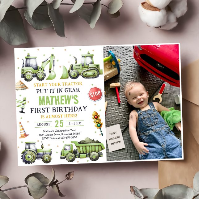 Construction Truck Digger First Birthday Photo Invitation (Creator Uploaded)