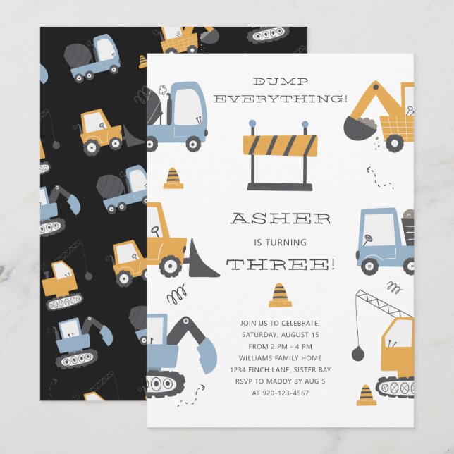Construction Truck Dump Everything Birthday Party Invitation (Front/Back)