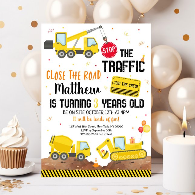 Construction Truck Dump Truck Digger Birthday Invitation (Creator Uploaded)