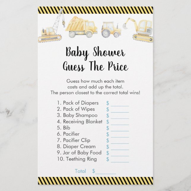 Construction Truck Guess The Price Shower Game (Front)