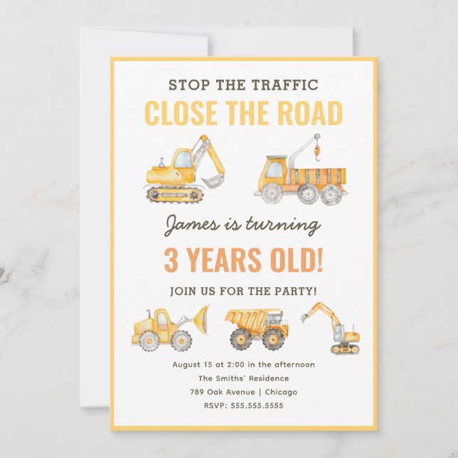 Construction Truck Kids Birthday Party Invitation (Front)