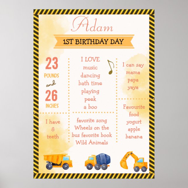 Construction Truck Milestone Birthday Poster (Front)
