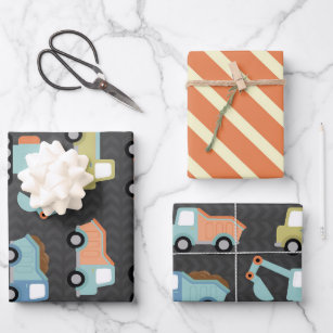 Construction Truck Pattern in Orange Wrapping Paper Sheet