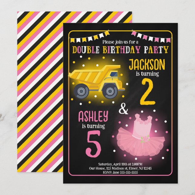 Construction Truck & Tutu Siblings Joint Birthday Invitation (Front/Back)