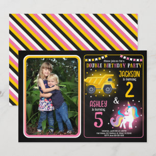 Construction Truck Unicorn Siblings Joint Birthday Invitation