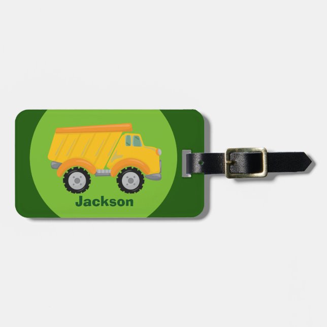 Construction Truck Vehicle Green Yellow Kids Luggage Tag (Front Horizontal)