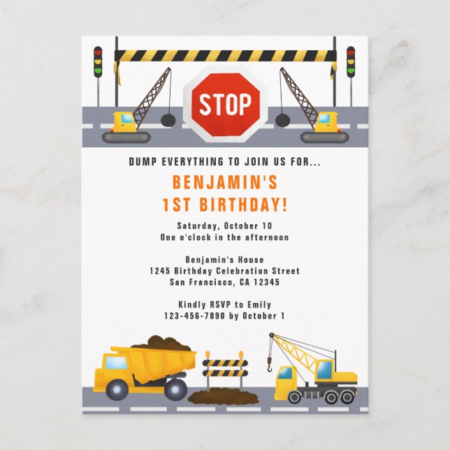 Construction Trucks 1st Birthday Party Invitation Postcard (Front)