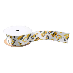 Construction Trucks and Signs Pattern White Satin Ribbon