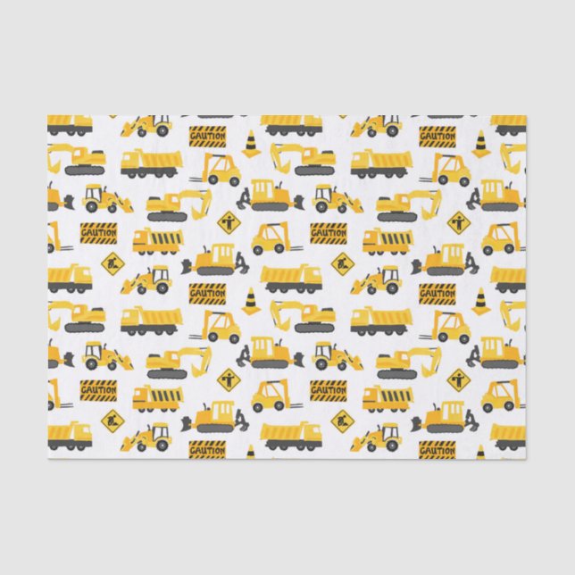 Construction Trucks and Signs Pattern White Tissue Paper (Front)