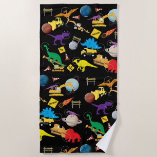 Construction Trucks Astronaut Dinosaurs in Space Beach Towel