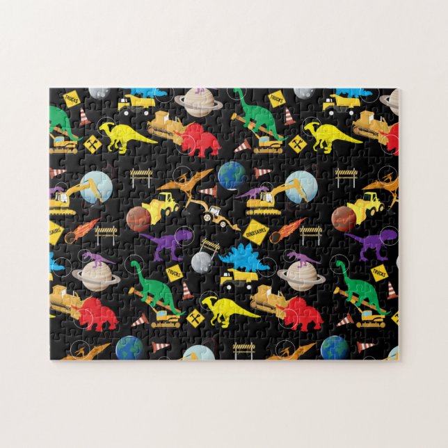 Construction Trucks Astronaut Dinosaurs in Space Jigsaw Puzzle (Horizontal)