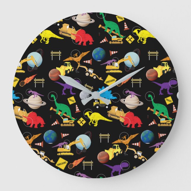 Construction Trucks Astronaut Dinosaurs in Space  Large Clock (Front)