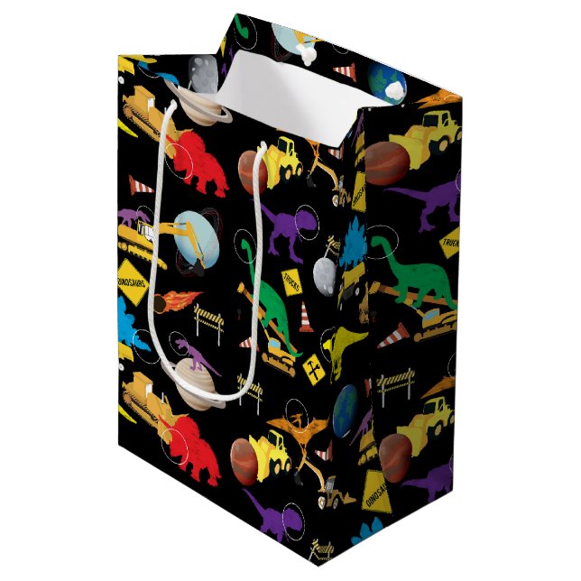 Construction Trucks Astronaut Dinosaurs in Space Medium Gift Bag (Front Angled)