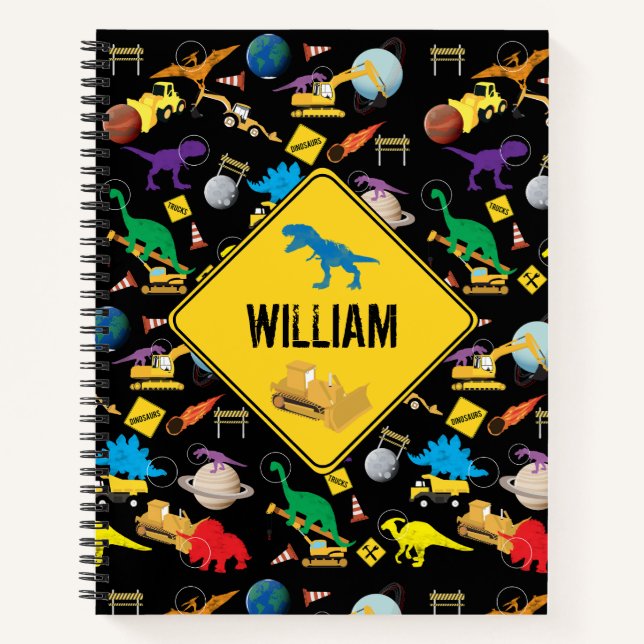 Construction Trucks Astronaut Dinosaurs in Space Notebook (Front)