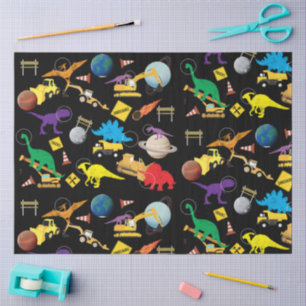Construction Trucks Astronaut Dinosaurs in Space Tissue Paper