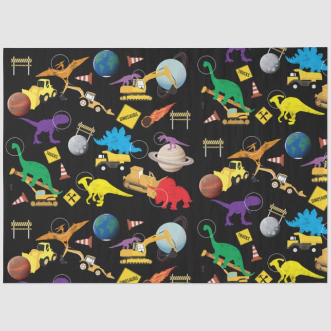 Construction Trucks Astronaut Dinosaurs in Space Tissue Paper (Front)