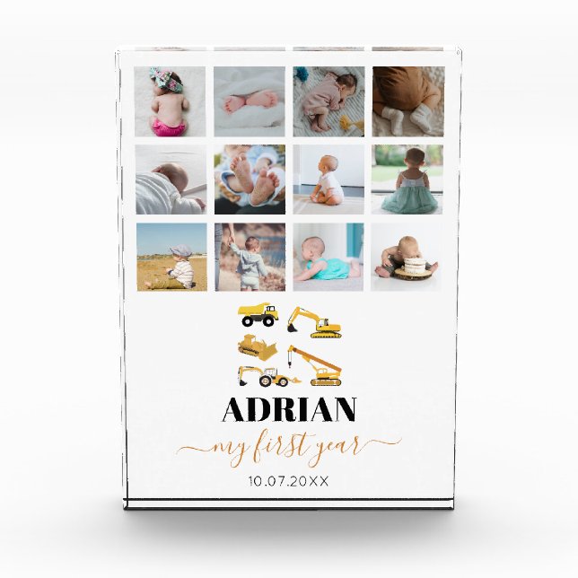 Construction Trucks Baby First Year Photo Collage Block (Front)