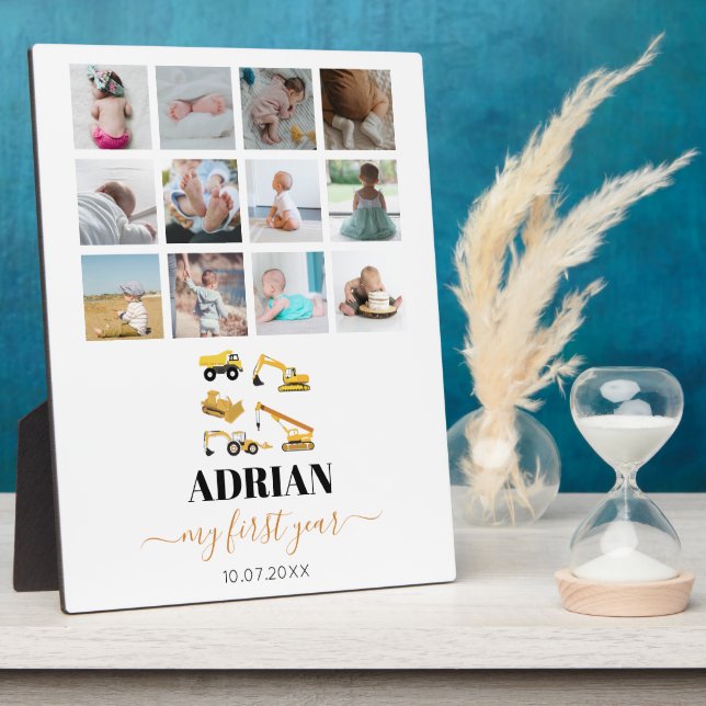 Construction Trucks Baby First Year Photo Collage Plaque (Side)