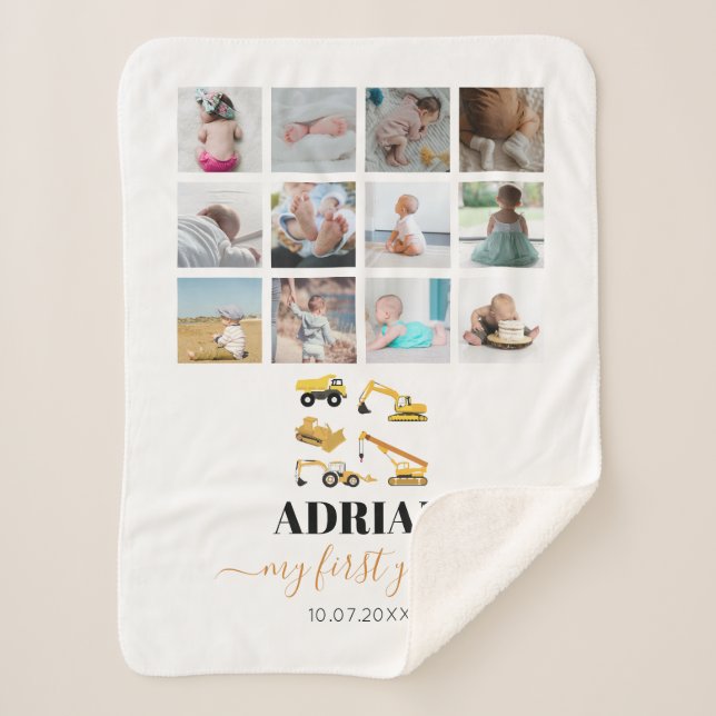 Construction Trucks Baby First Year Photo Collage Sherpa Blanket (Front)