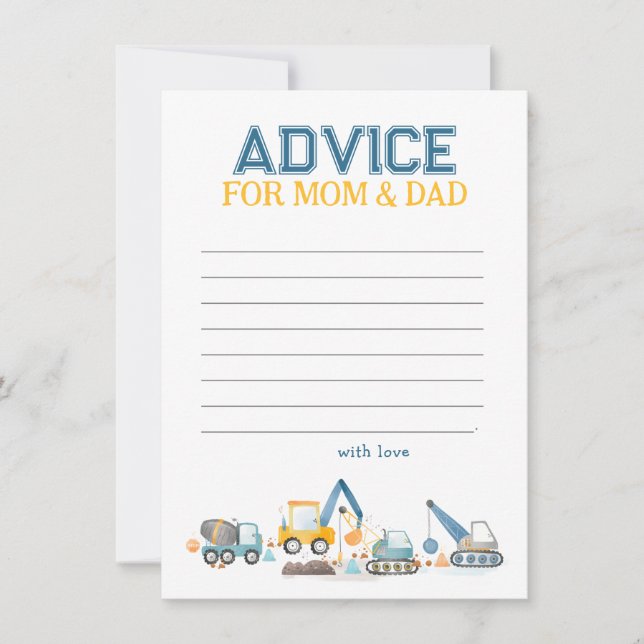 Construction Trucks, Baby Shower Advice for Mom Card (Front)
