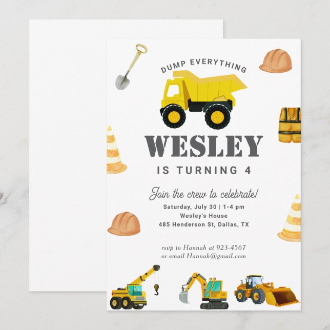 Construction Trucks Birthday Invitation (Front/Back)