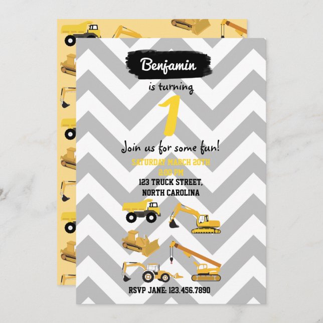 Construction Trucks Birthday Invitations (Front/Back)