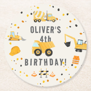 Construction Trucks Birthday Party Round Paper Coaster