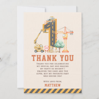 Construction Trucks Birthday Party Thank You Card