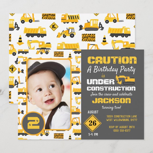 Construction Trucks Birthday Photo Invitation (Front/Back)