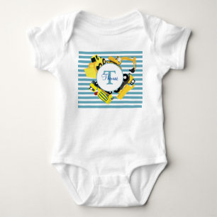 Construction Trucks Blue Stripes Monogram Baby Bodysuit
