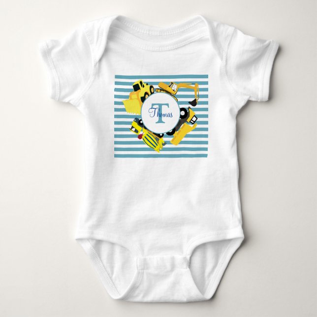 Construction Trucks Blue Stripes Monogram Baby Bodysuit (Front)