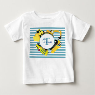 Construction Trucks Blue Stripes Monogram Baby T-Shirt