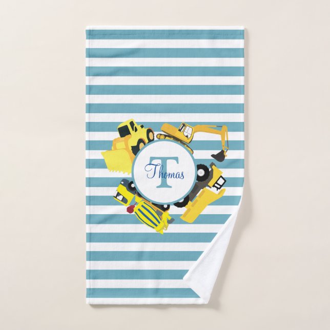 Construction Trucks Blue Stripes Monogram Bath Towel Set (Hand Towel)