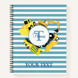Construction Trucks Blue Stripes Monogram Notebook