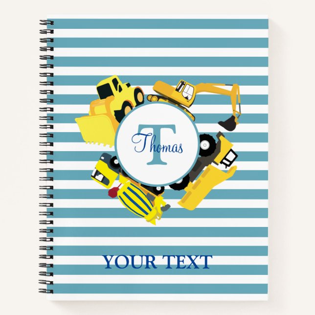 Construction Trucks Blue Stripes Monogram Notebook (Front)