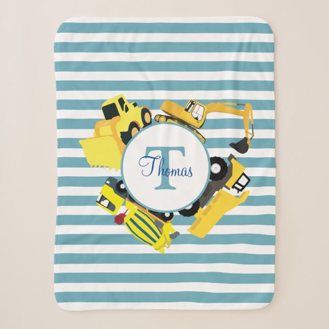 Construction Trucks Blue Stripes Monogram Sherpa Blanket (Front)