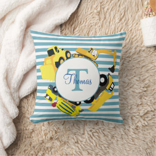 Construction Trucks Blue Stripes Monogram Throw Pillow