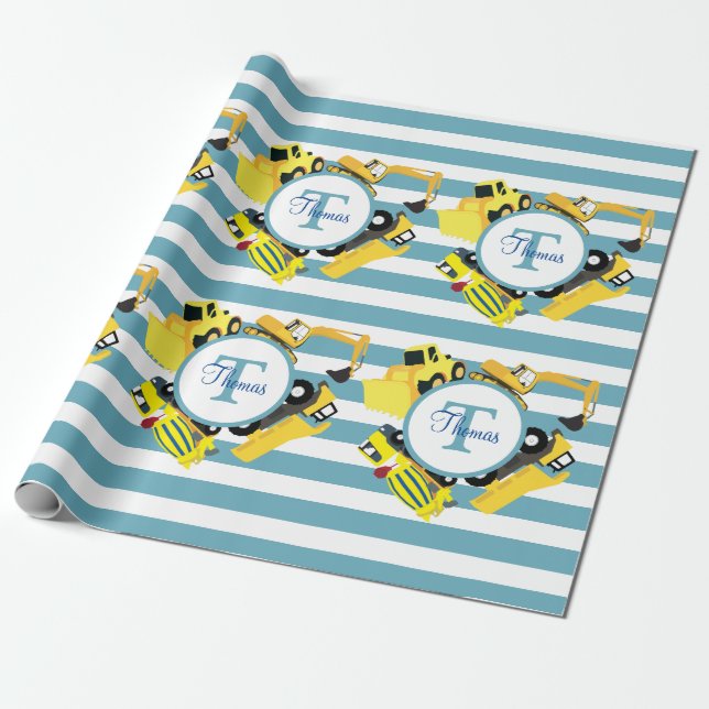 Construction Trucks Blue Stripes Monogram Wrapping Paper (Unrolled)