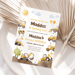 Construction Trucks Boy 2nd Second Birthday Invitation