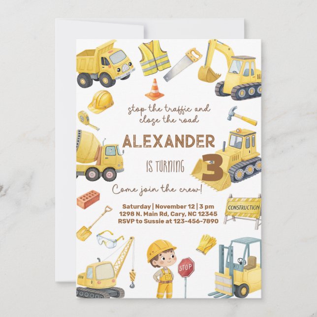 Construction trucks boy Any Age birthday invite. Invitation (Front)