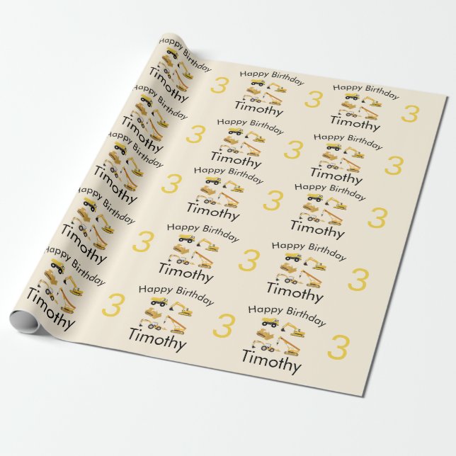 Construction Trucks Boy's Name & Age Birthday Wrapping Paper (Unrolled)
