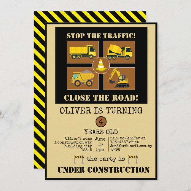 Construction Trucks | Boys Themed Birthday Party Invitation (Front/Back)