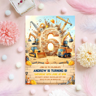Construction Trucks Cranes 6th Birthday Invitation